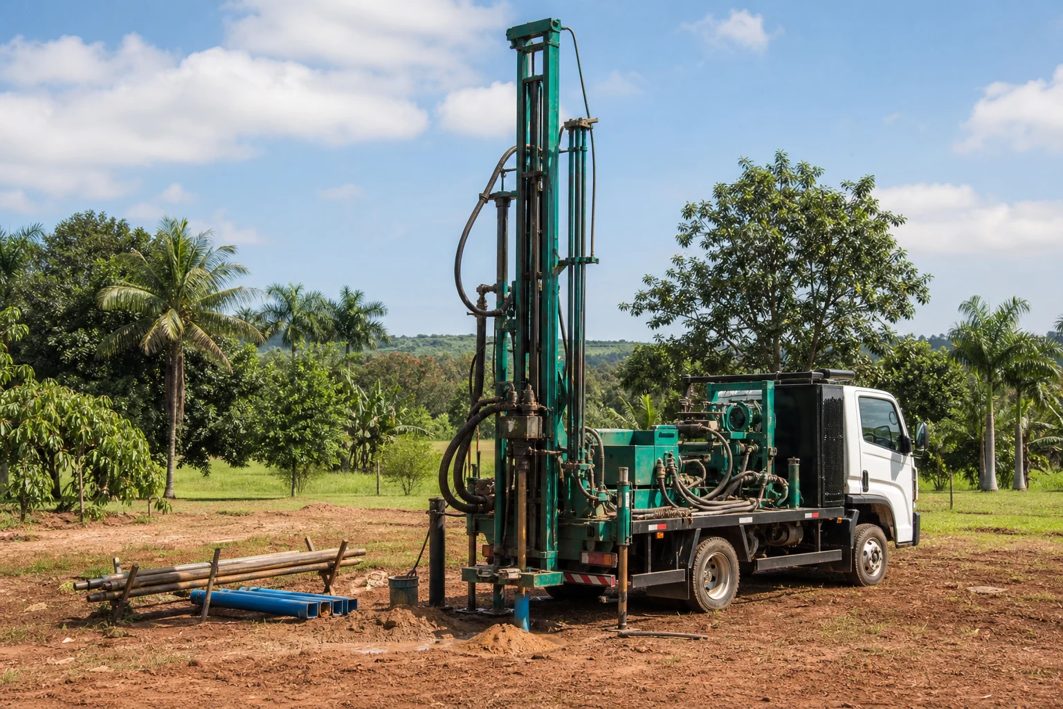Ilustração de uma equipe e equipamento de perfuração em propriedade rural